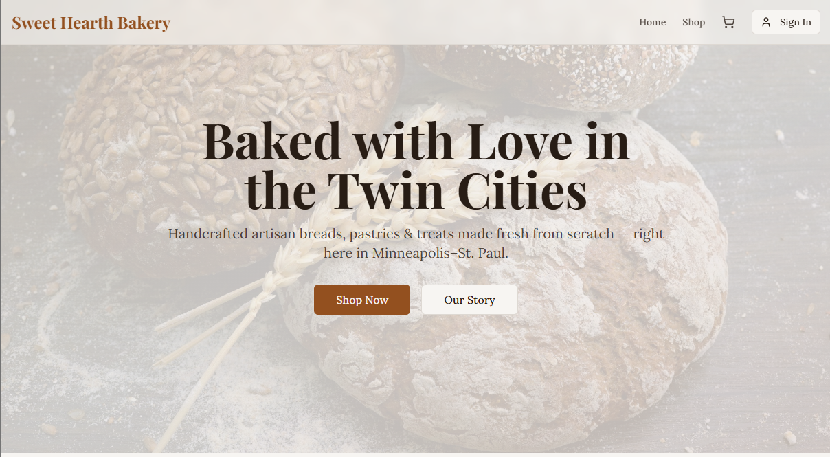 Sweet Hearth Bakery hero page mockup.