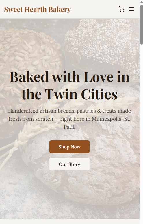 Sweet Hearth Bakery mobile view mockup.