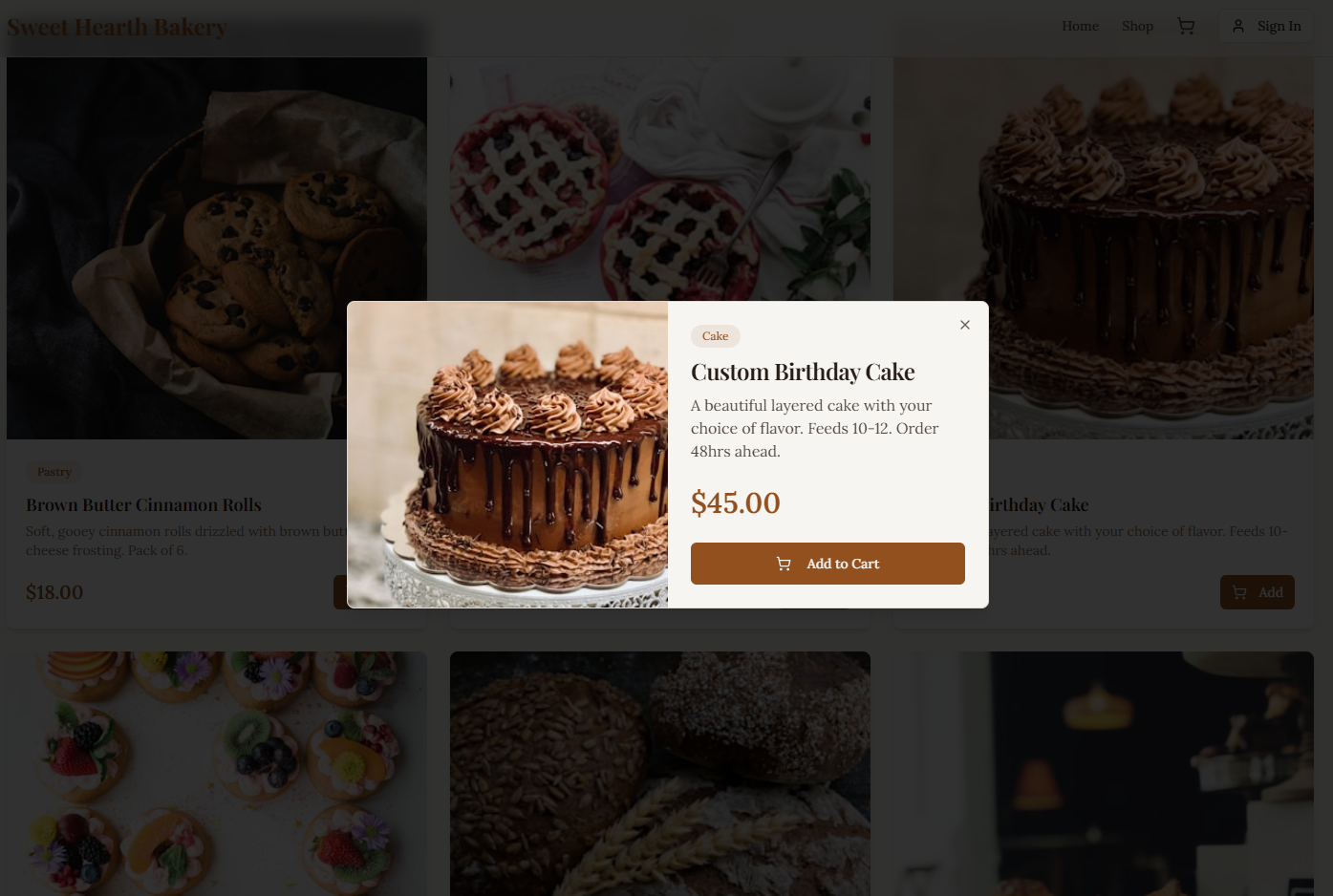 Sweet Hearth Bakery product detail mockup.